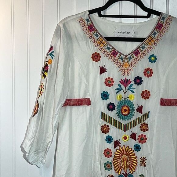 Shineflow Embroidered Pheasant Dress Women’s Medium White Multi Colored Lined - Picture 2 of 11